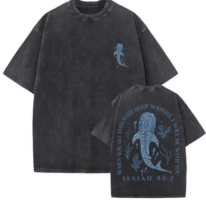 2026 Retro Washed Black Whale Shark Print T-Shirt Men Women Oversized Korean Style Ocean Animal Graphic Casual Cotton Tees