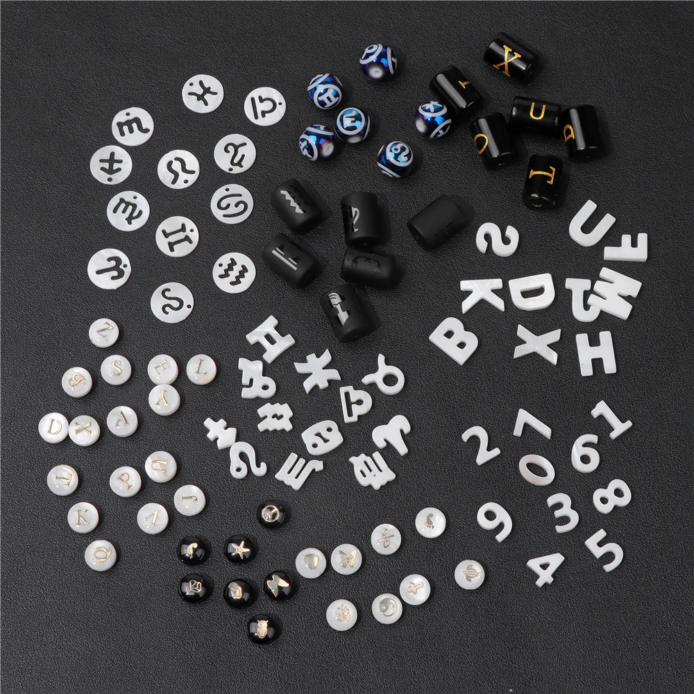 האלפבית אותיות טבעי תכשיטי ביצוע מעטפת 12 כוכבים מזלות חרוזים קסמי DIY מספר תליון לב צורת ירח