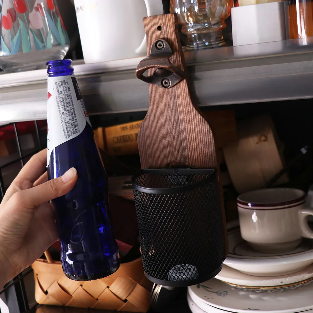 

Wall Mounted Kitchenware Beer Opener Cap Catcher Rustproof Beer Corkscrew Tools Convenient Durable Wooden Bottle Opener Men