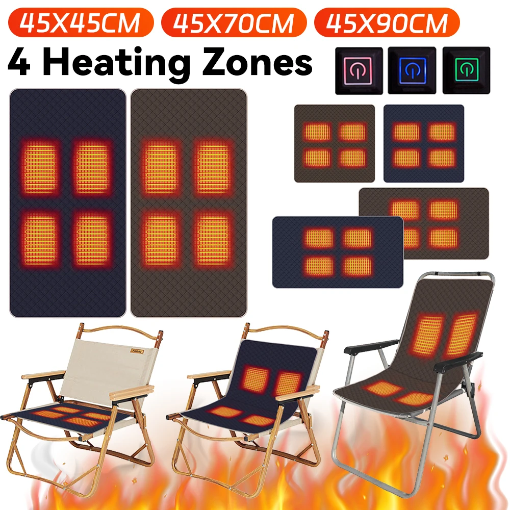 4 Heated Areas Camping Chair Heated Mat Winter Outdoor Travel USB Electric Blanket 3 Level Adjustable Temperature Heater Cushion