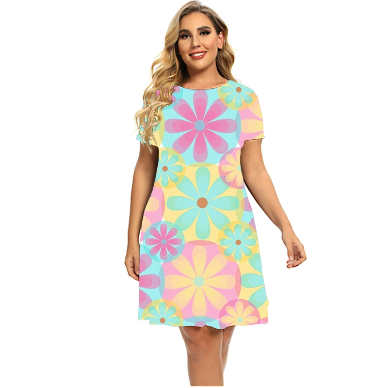 Flower Power Gradient Print Women Dress Elegant Sweet Casual Short Sleeve A-Line Dress Summer Fashion Ladies Plus Size Clothing