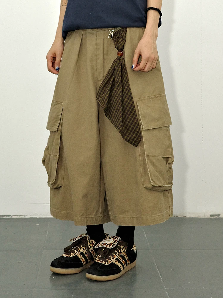 

Летние свободные шорты Guluwoo в японском стиле унисекс с большими карманами, рабочая одежда, широкие брюки длиной семь четвертей для мужчин и женщин