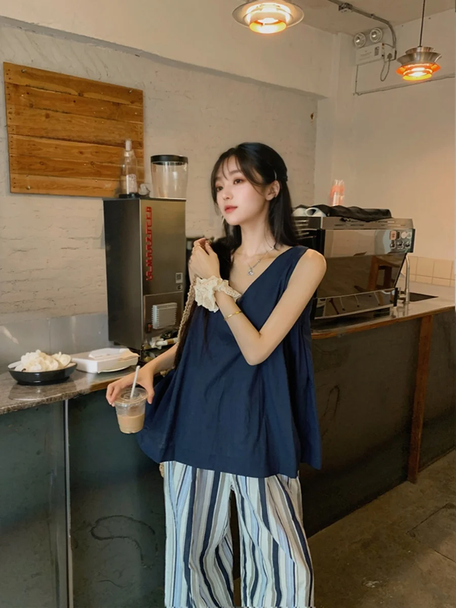 

Laid-back Style V-neck Loose Overhead Tank Top High Waist Wide Leg Striped Casual Pants Women Summer New Two-piece Set