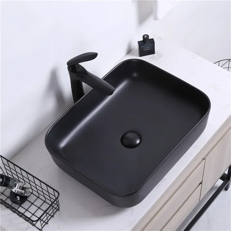 

A European Design Rectangular Countertop Wash Hand Basin Ceramic Black Art Basin Matte Color Bathroom Sinks