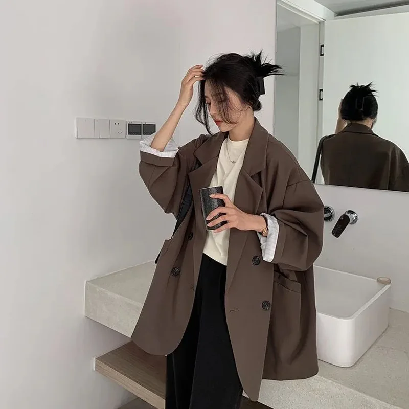 Vintage Brown Blazer Women Elegant Official Ladies Spring Autumn Fashion Long Sleeve Oversized Chic Casual Suit Jacket