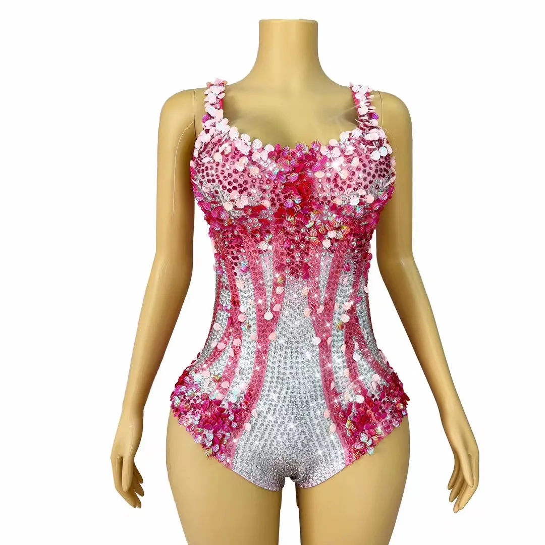 

Women Sexy Sparkly Rhinestones Sequins Sleeveless Pink Bodysuit Celebrity Stage Performance Costume Evening Party Outfit