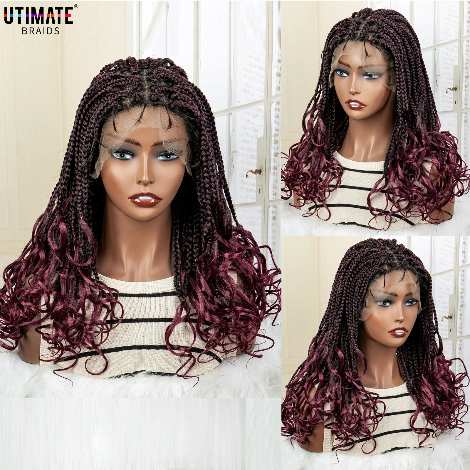 

20 Inch Braided Wigs Synthetic Lace Front Wigs with Wavy Ends Kontless Box Braids Wig for Black Women Colorful Braiding Hair Wig