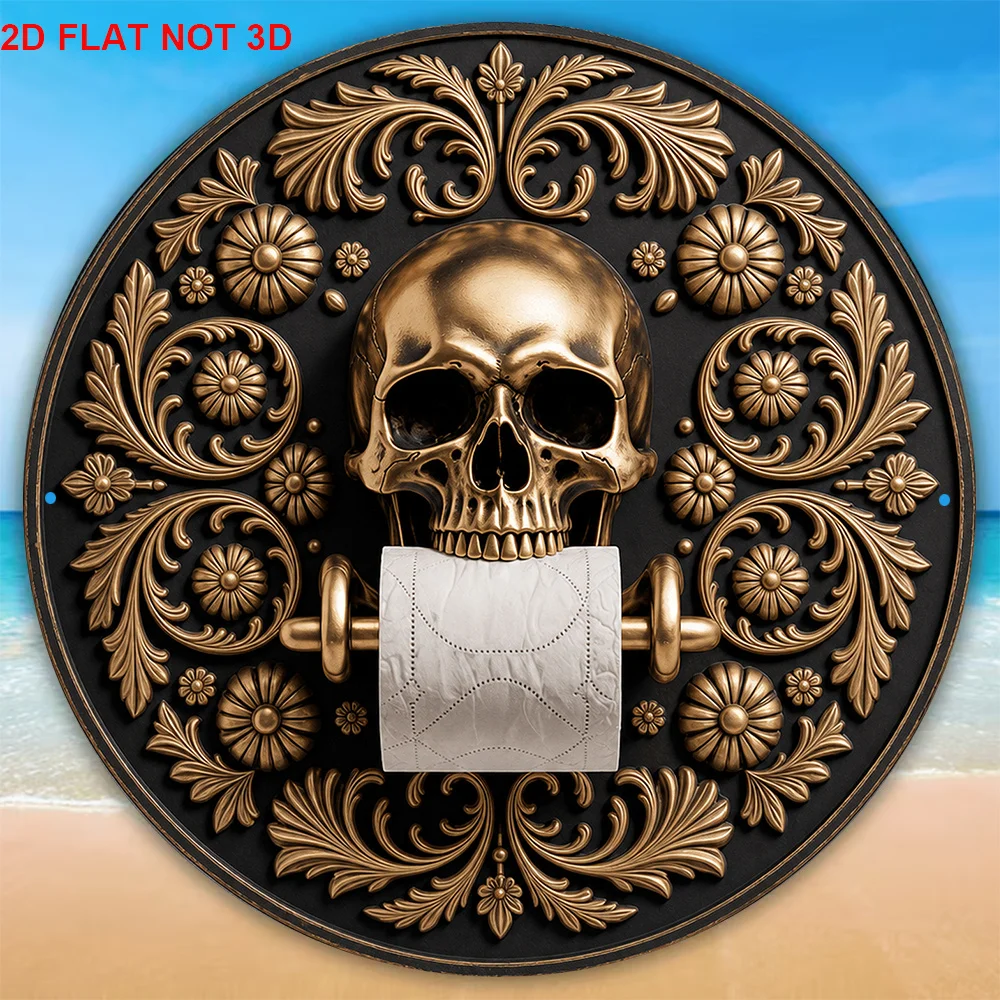 2D Flat, 1pc 8 X 8 Inches/20 X 20 Cm Round Sign, Vintage Decorative Plaque Featuring Skull And Toilet Paper, Gothic Skull-Themed