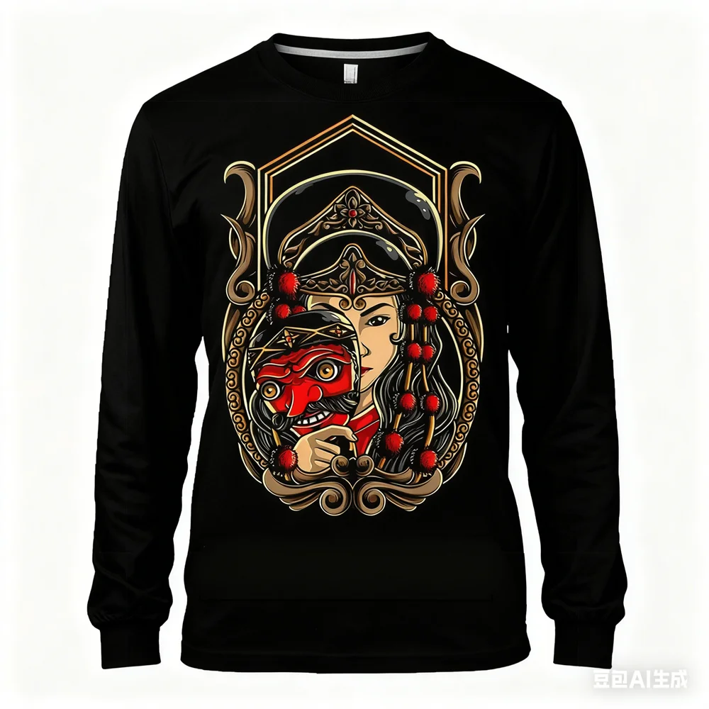 

Japanese Geisha Pattern Men's Long Sleeve T-shirt Spring and Autumn Daily Casual Loose Pullover Fashion Comfortable Cotton Tops