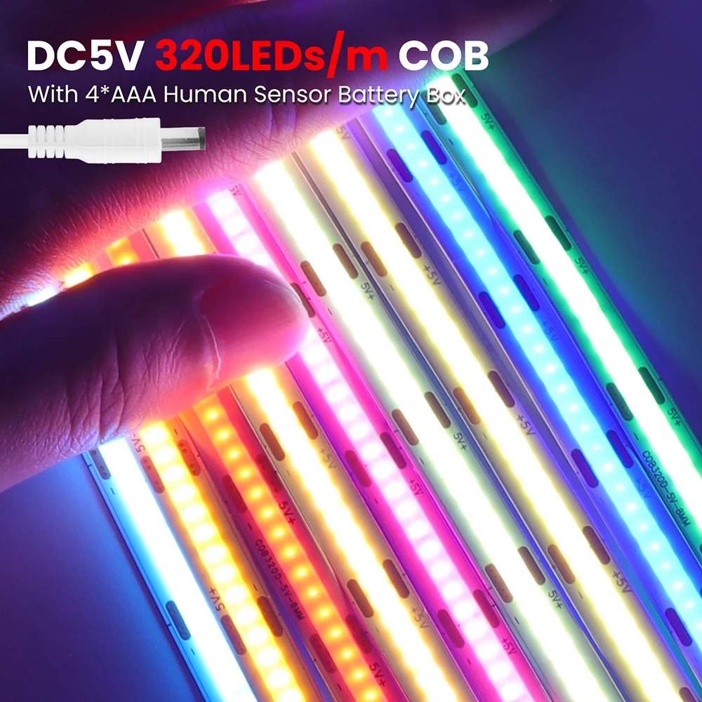 COB LED Strip Light 5V 320LEDs/M Human Body Infrared Controller 8MM USB Powered Dimmable Flexible LED 0.5m 1m 2m 3m 4m 5m