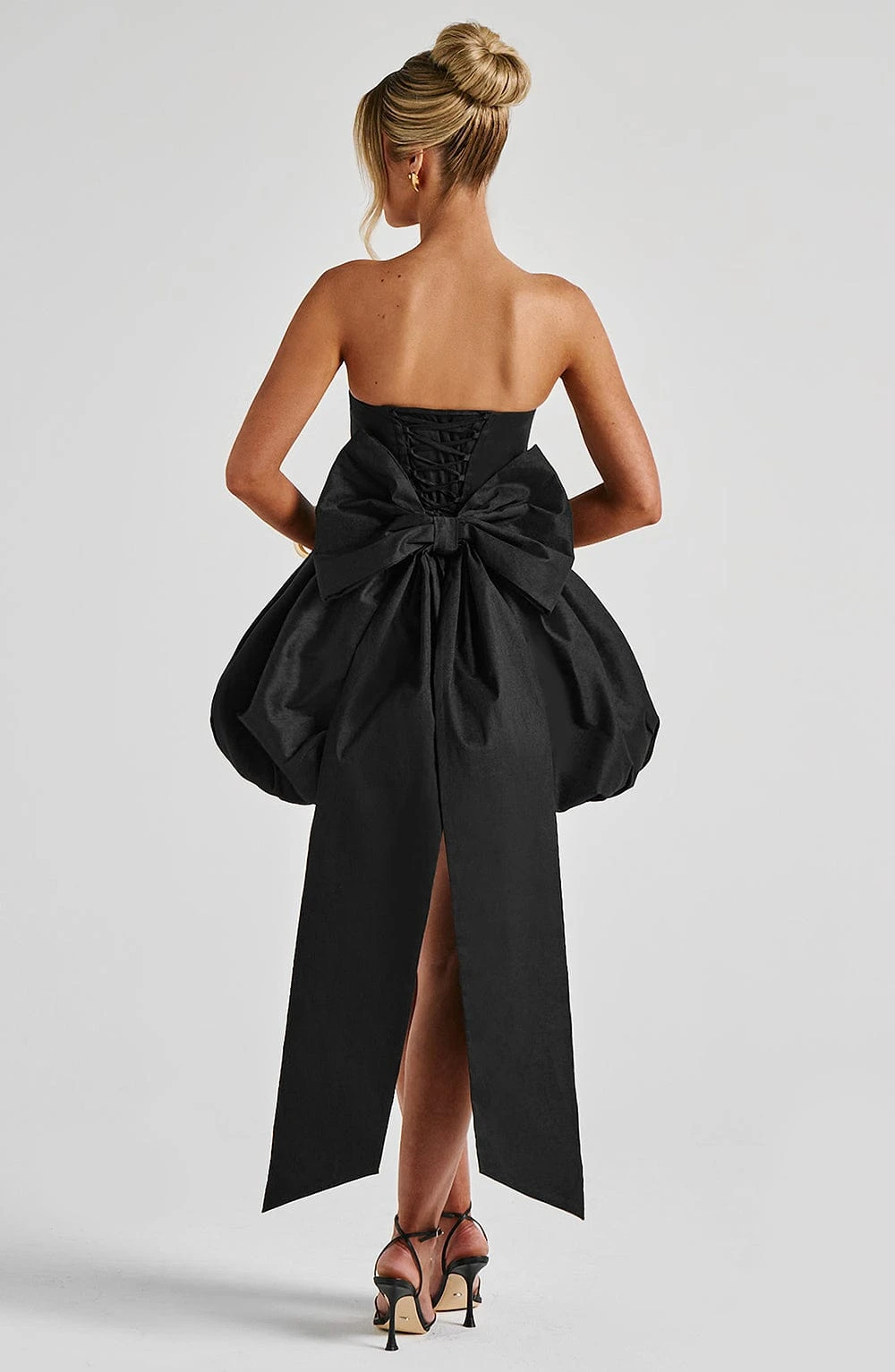 Black Strapless Corset Mini Dress Bubble Puff Detachable Big Bow With Long Split Train Women Homecoming Cocktail Birthday Dress