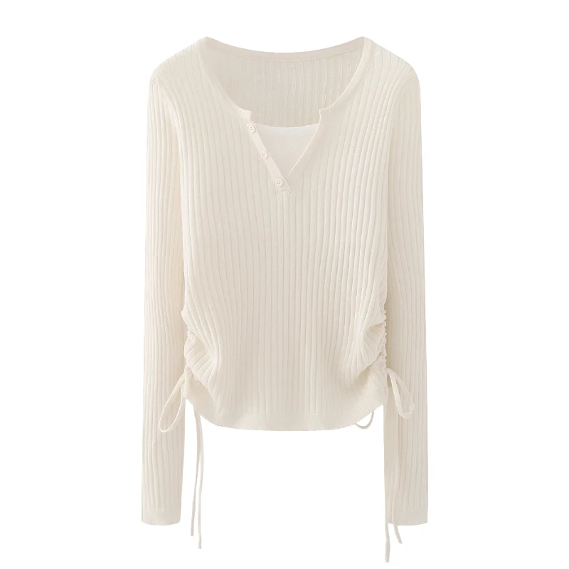 Simple Style Women's Knitted Cardigan Spring Summer New Small Size Drawstring Waist Slimming Top Coat Sweet Style Jieyi Brand
