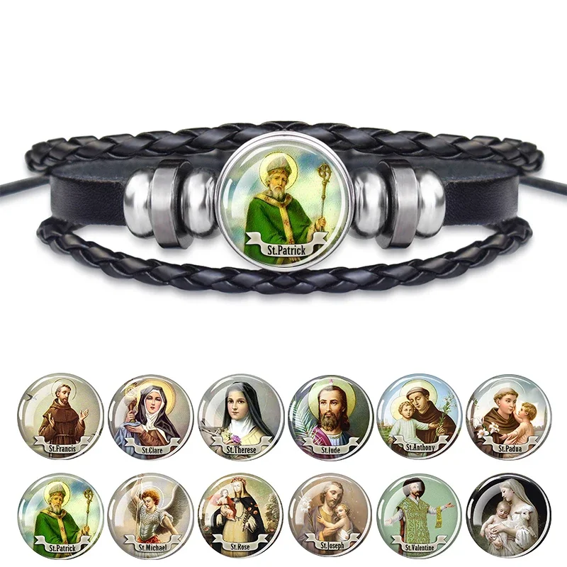 Saint Patrick Black Leather Braided Bracelet Christ and Jesus Bracelet Christian Jewelry St.Patrick's Day Gift