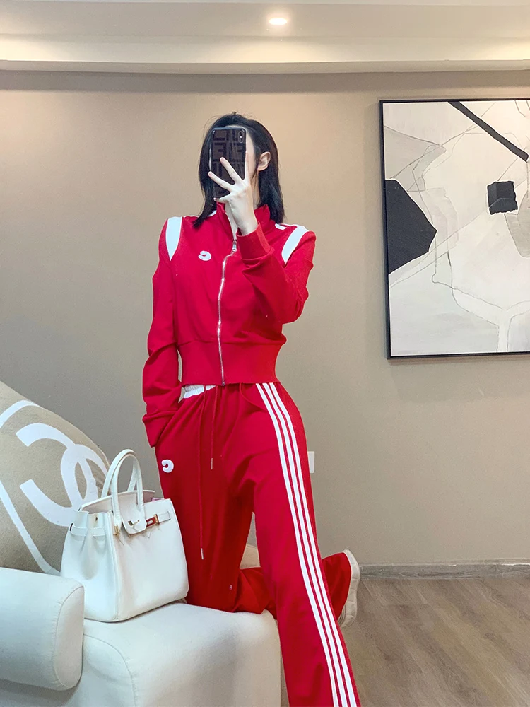 2024 Korean Version Red Short top Sports suit Women\'s Spring Autumn Winter Loose and Stylish Casual Wide leg Pants two-Piece set