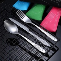 3pcs/7pcs Set Dinnerware Portable Printed Stainless Steel Spoon Fork Steak Knife Set Travel Cutlery Tableware with Bag