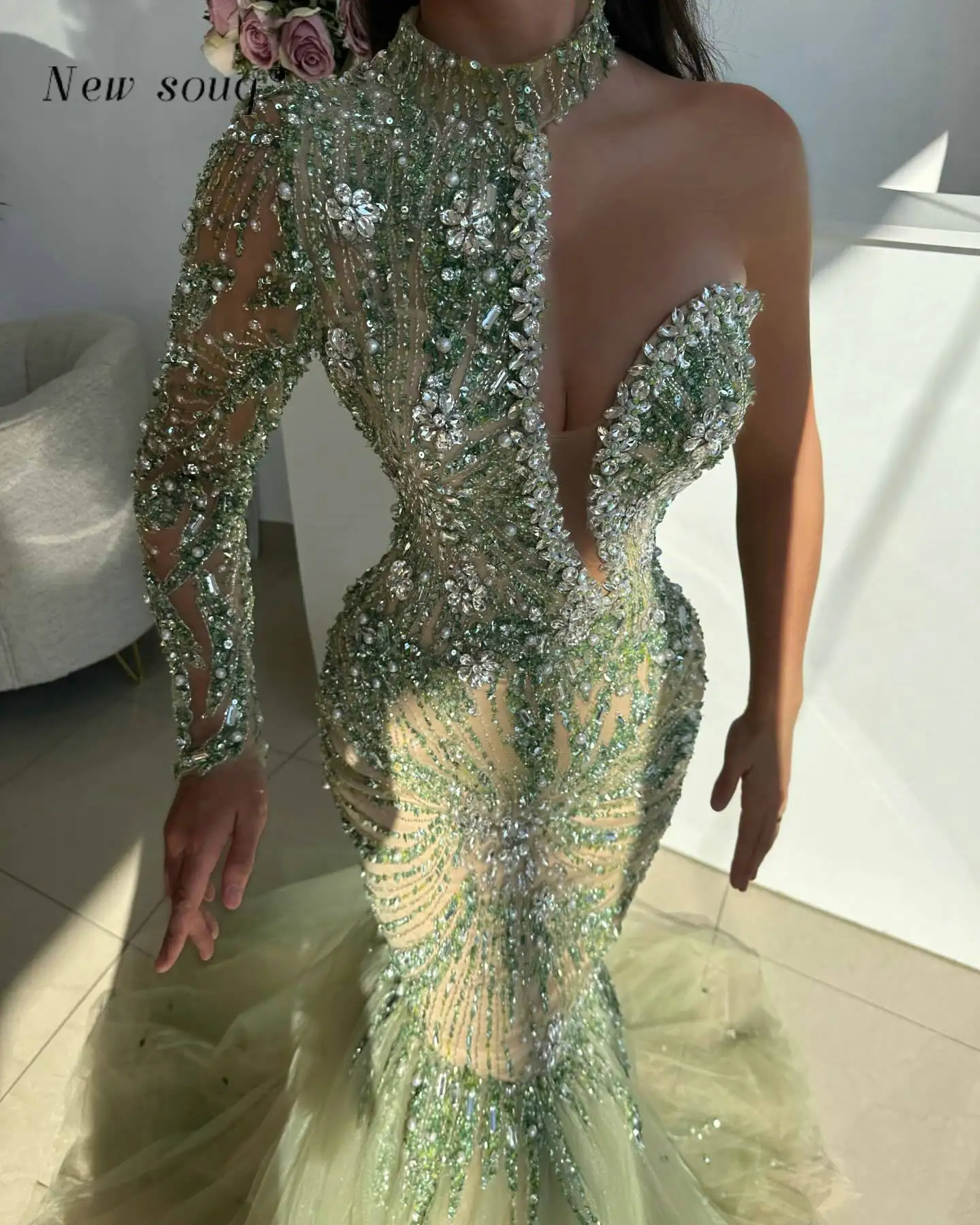 Light Green Sexy One Shoulder High Neck Crystals Beaded Mermaid Evening Dresses Arabic Sparkle Prom Night Party Gowns Robes