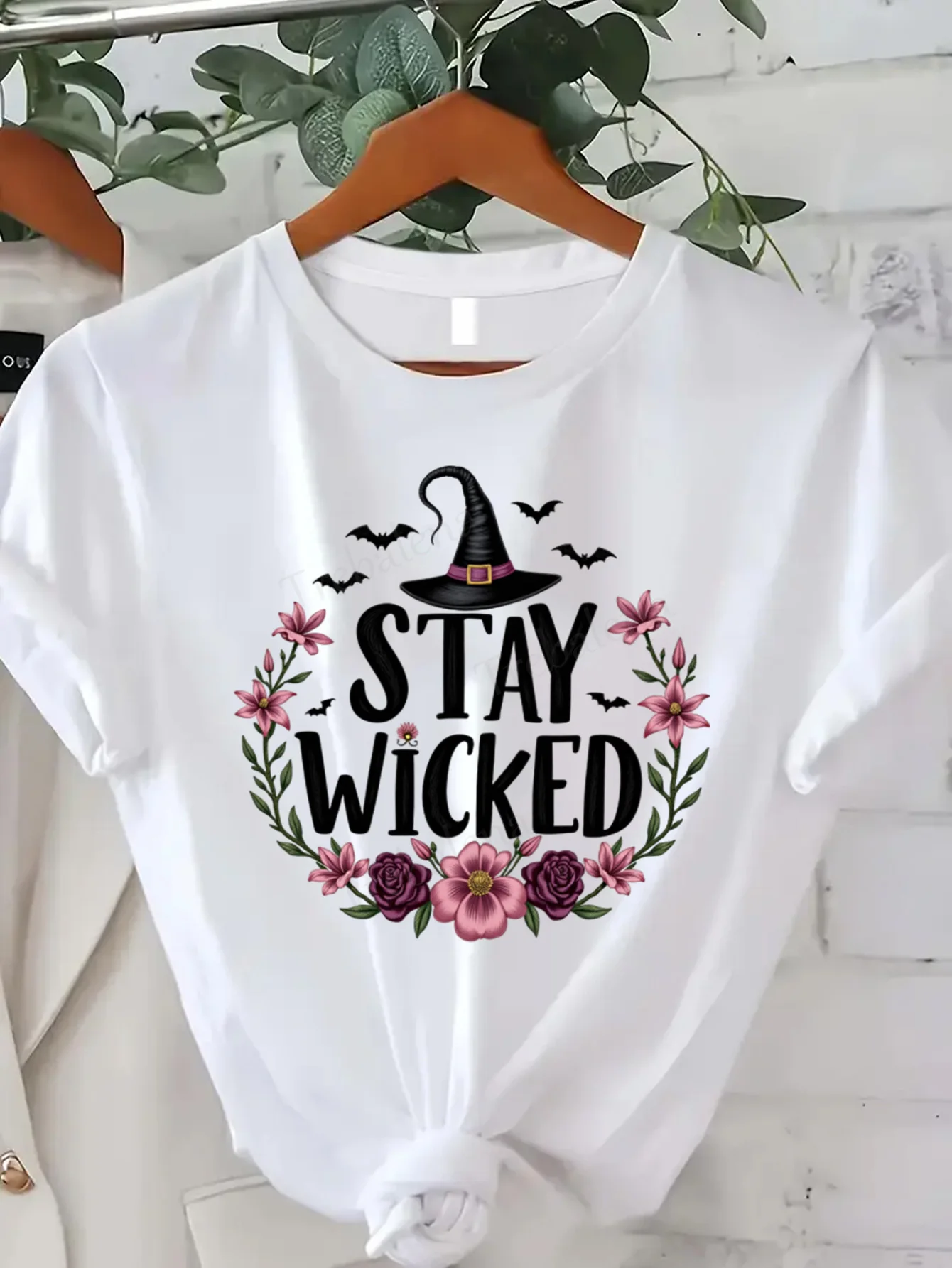 

Round Neck T-shirt Women's Plus Size Stay Wicked Witch Hat Floral Halloween T-Shirt Short Sleeve Tee Fashion Casual Top
