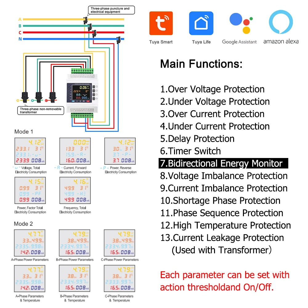 Tuya WiFi Smart Energy Meter Bi-Directional with 3 CT Clamps over under Voltage Protector Relay Switch for Home Auto