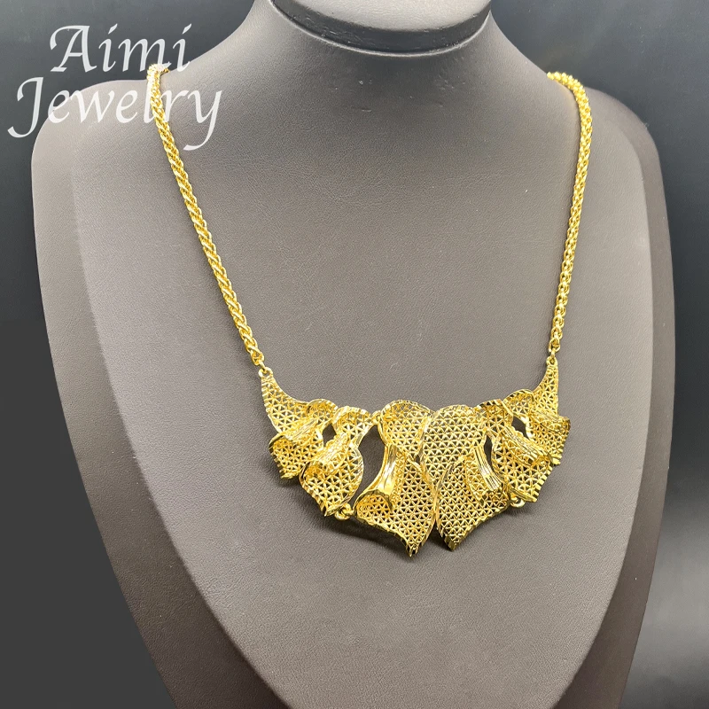 Dubai 24K Gold Plated Necklace Earrings African Nigerian Jewelry Set for Women Luxury Party Bridal Wedding Daily Wear Gifts