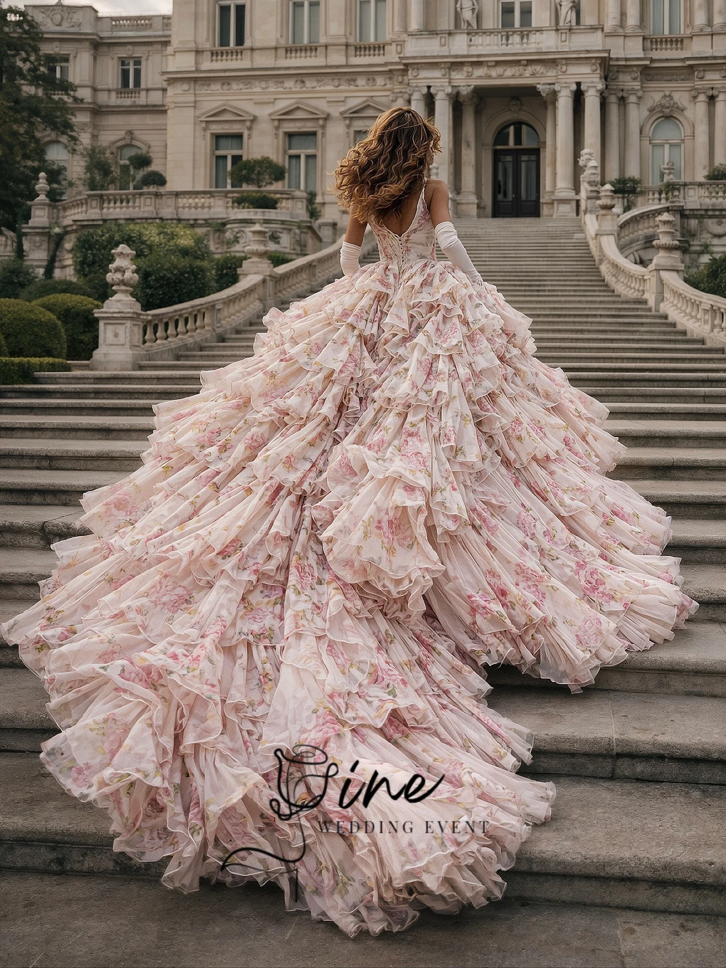 Oine Customized Pink Floral Print Evening Dress Halter Neck Tiered Ruffle High Low Skirt Long Train Formal Party Gown Plus Size