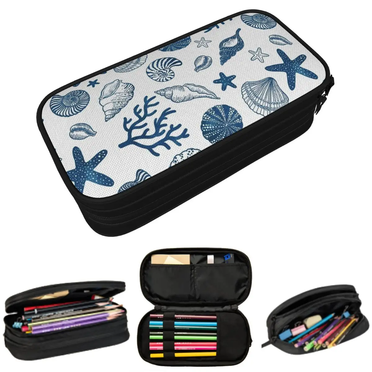 Blue Sketches Shell Conch Pattern Pencil Case for Studen Gifts Pen Box Pencil Bag Stationery Supplies Pen Holder Bag
