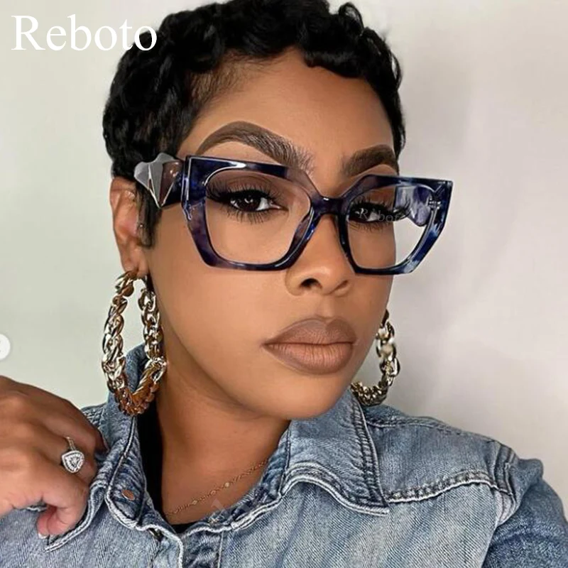 Thick Square Eyeglass Frames Optical Lenses For Women Fashion Blue Colorful Decorative Glasses Trendy Polygon Wide Legs Eyewear