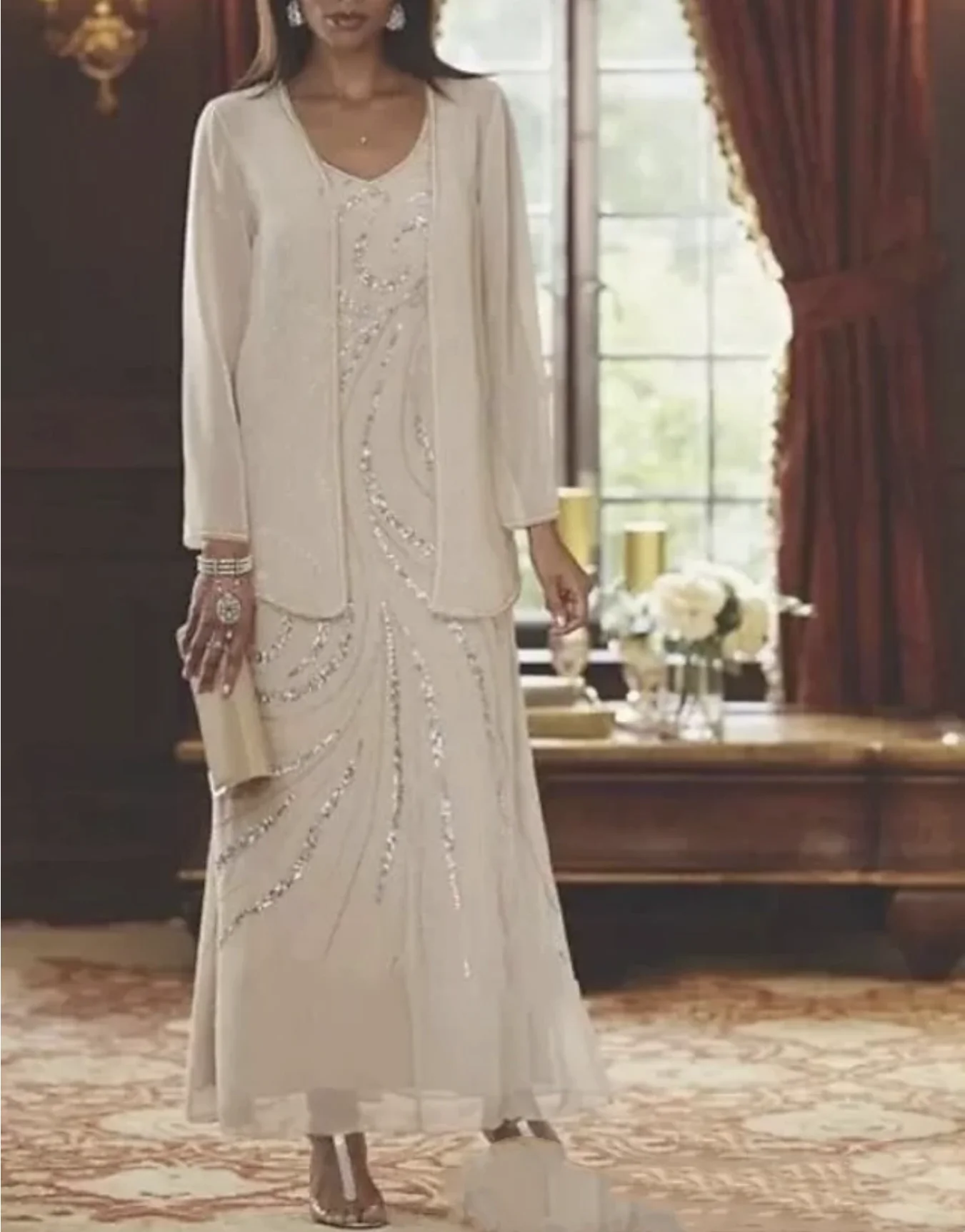 Vestido para madre de la novia, prenda elegante con lentejuelas y cuello en V, longitud hasta el tobillo, gasa, manga larga, 2024