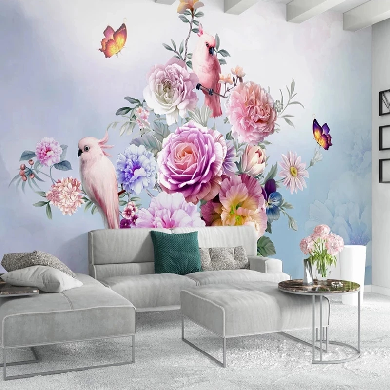 Custom Hand Painted Retro Flower Bird Parrot Wallpaper 3D Photo Mural butterfly Living room TV background bedroom restaurant 8d