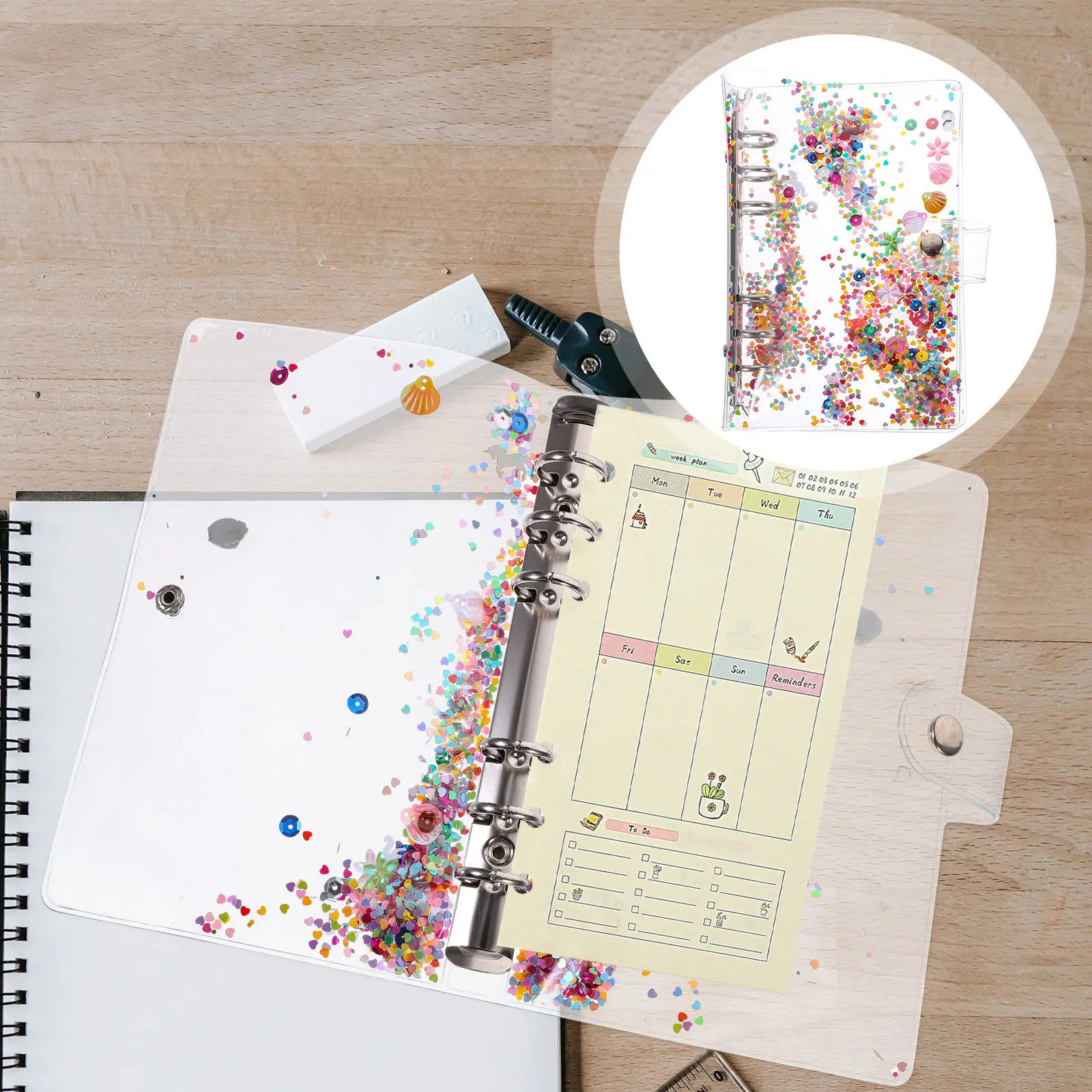 Transparent Sky Glitter Binder Cover Loose Leaf Notebook Shell for Scrapbooking School Office Supplies