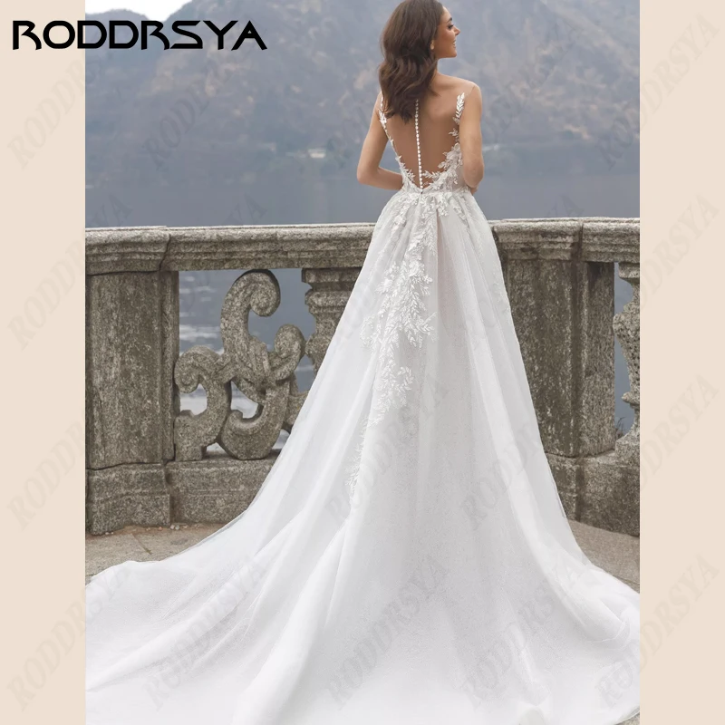 RODDRSYA Spaghetti Straps Wedding Dress For Women Tulle Sexy High Split Scoop-Neck Bridal Gown Illusion Backles Vestido De Noiva