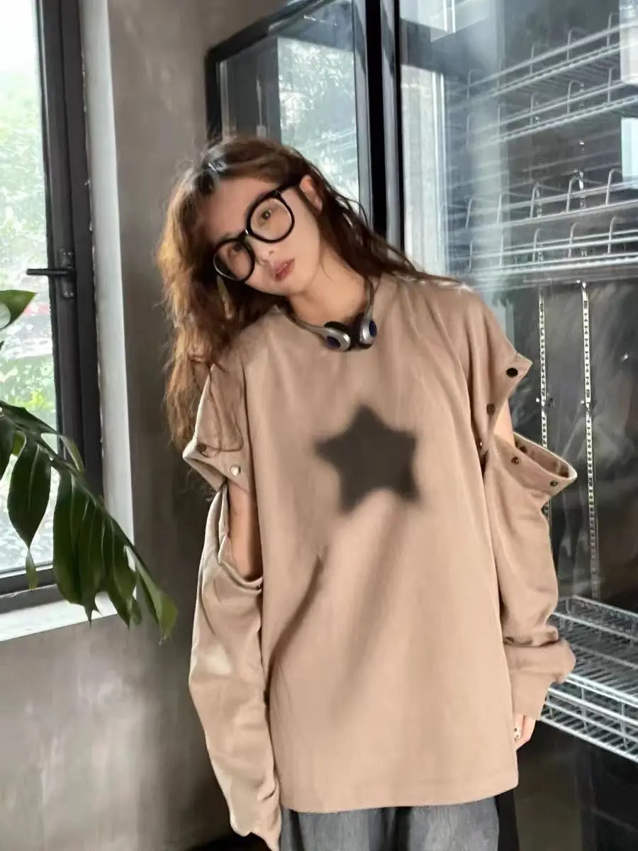 Sweat-shirt femme hauts Patch tridimensionnel coutures délavées contraste couleur kaki Ol Slouchy vêtements d'extérieur de noël