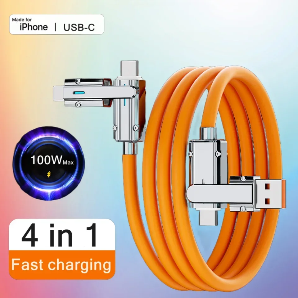 Orange Blue 4-in-1 Fast Charging Cable Universal USB Type-C Charger for Samsung Huawei Xiaomi Durable Silicone Material