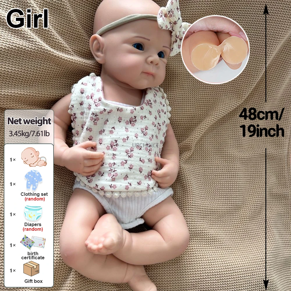 19Inch Soft E Lifelike Silicone Reborn Baby Girl Open Blue Eyes Tons de pele realistas e detalhes pintados para Collectibles Gift