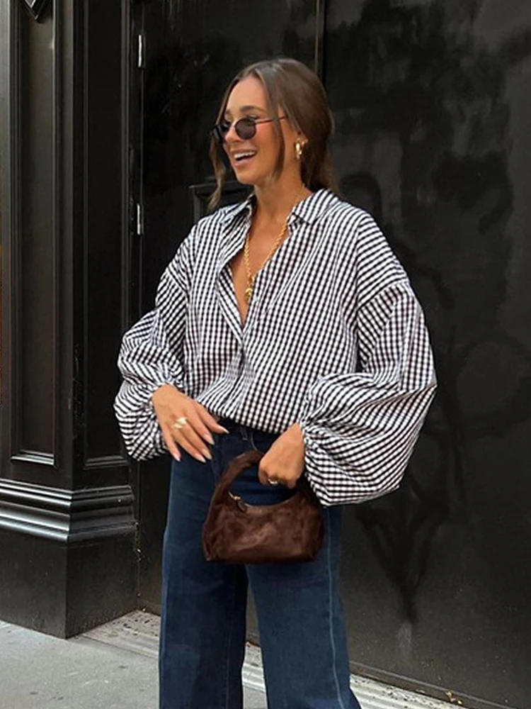 

Aynaray 2023 Autumn Winter Women Office Oversized Plaid Shirt Black Loose Fit Long Sleeve Blouse Female