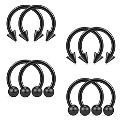 WKOUD 8PCS Surgical Steel Ball&Spike Horseshoe Nose Septum Piercing Ring Black Set Ball Cone