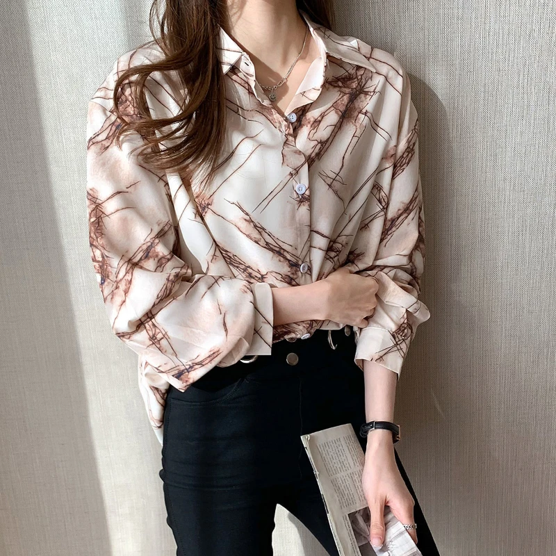 

Women's Lantern Long Sleeve Turn-down Collar Contrast Color Printing Striped Button Cardigan Shirt Coats Elegant Commute Tops