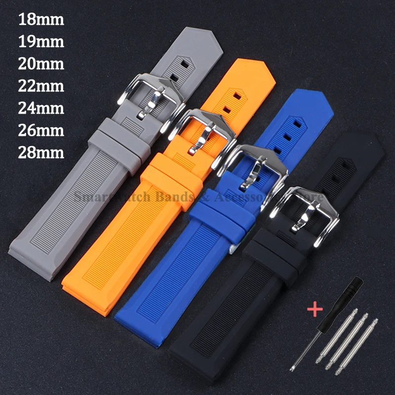 Soft Silicone Watch Strap 18mm 19mm 20mm 22mm 23/24mm 26mm 28mm Elastic Rubber Bracelet Metal Pin Buckle for Samsung for Huawei