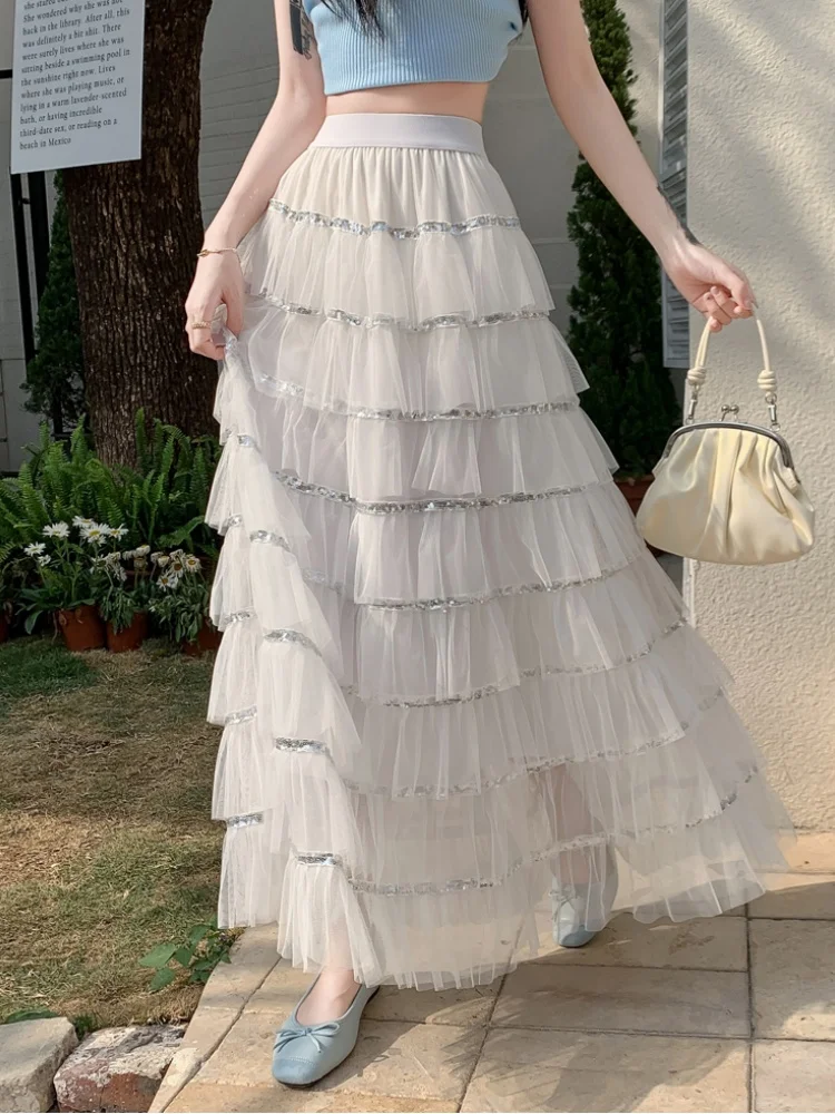 SMTHMA Mode Kuchen Rock Neue Frühling Sommer Layered Mesh Hohe Lose Enge Taille Süße Weiße Prinzessin Langen Rock