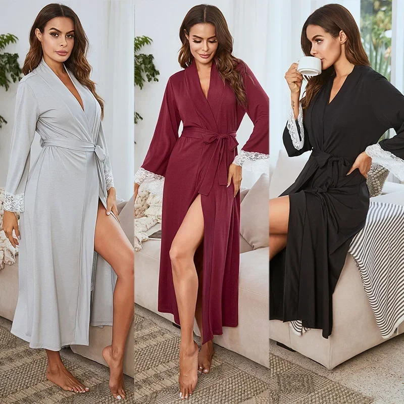 

New Women's Home Nightwear Silk Satin Solid Robes Women Long Sleeve Nightgown Ladies Satin Smooth Spring Lace Sleepwear Female