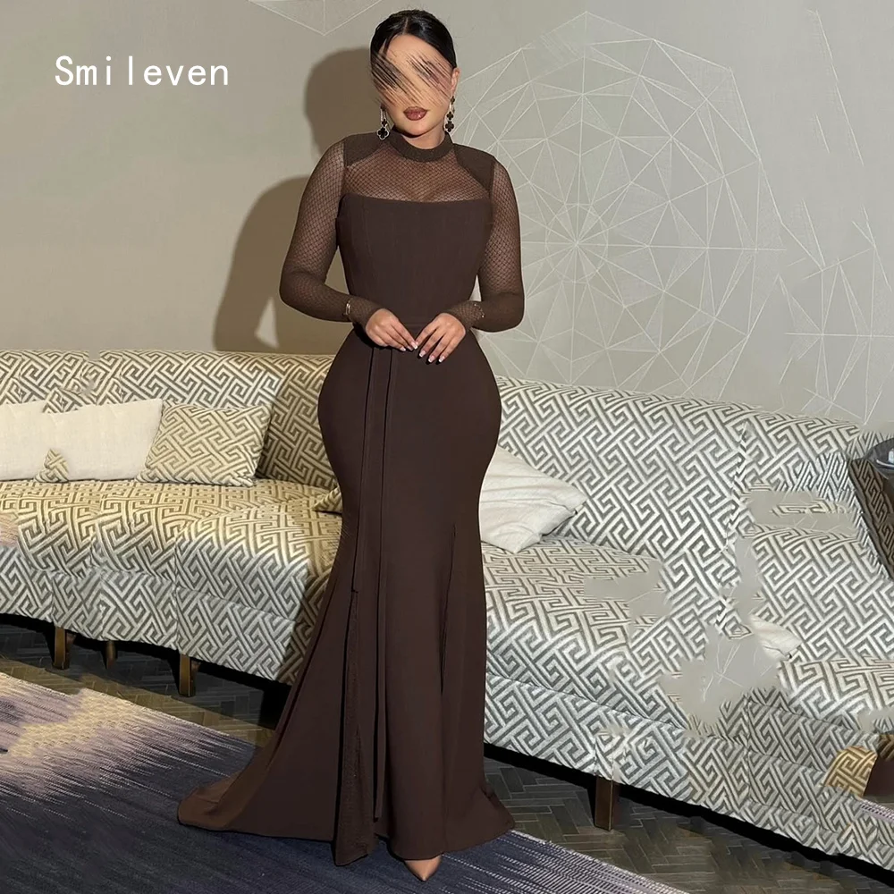 

Smileven Роскошное коричневое платье русалки для выпускного вечера Элегантные вечерние платья с длинными рукавами Сетчатое платье для торжественных случаев по индивидуальному заказу 2026