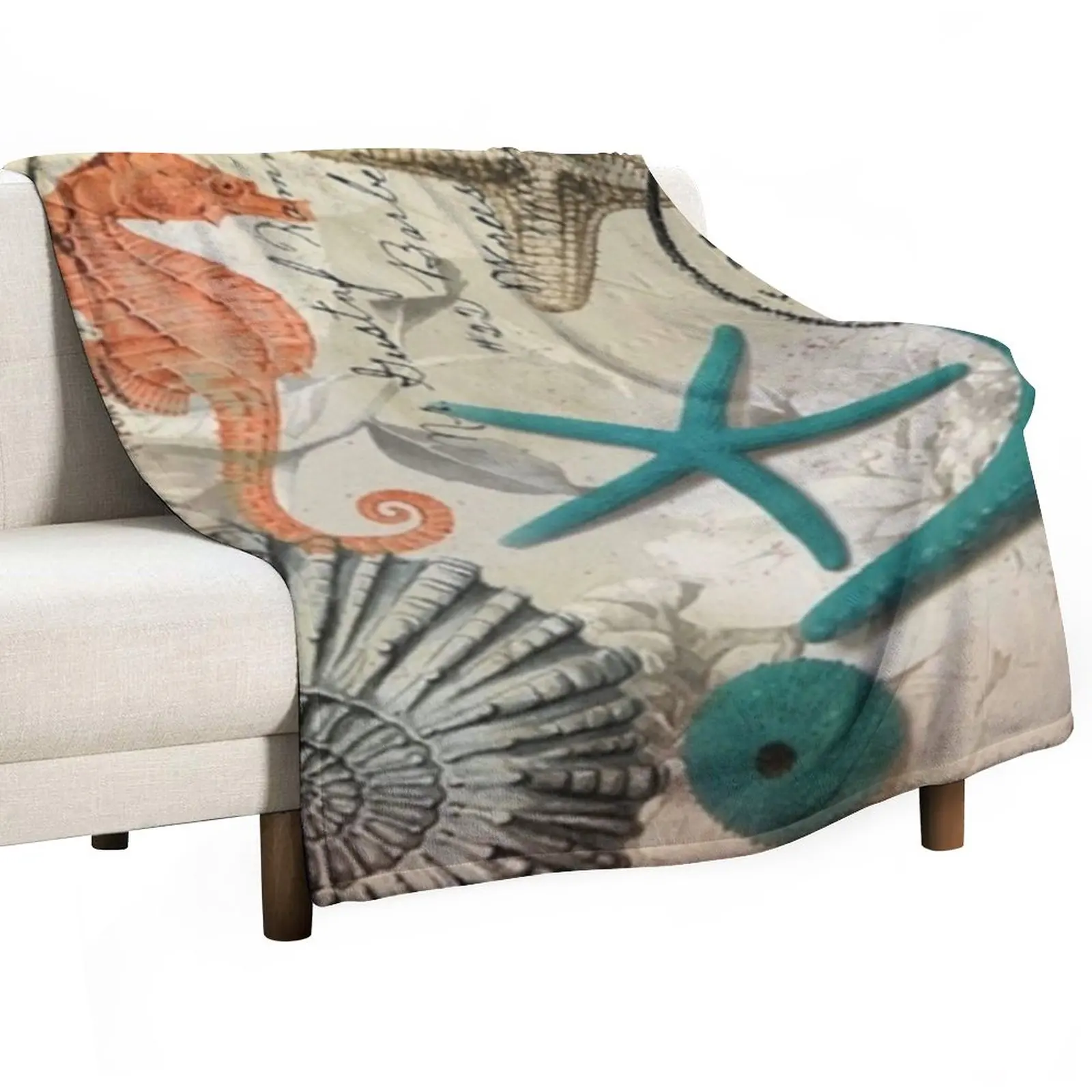 

coastal seashell teal starfish seahorse ocean beach Throw Blanket Moving Blanket blankets and throws