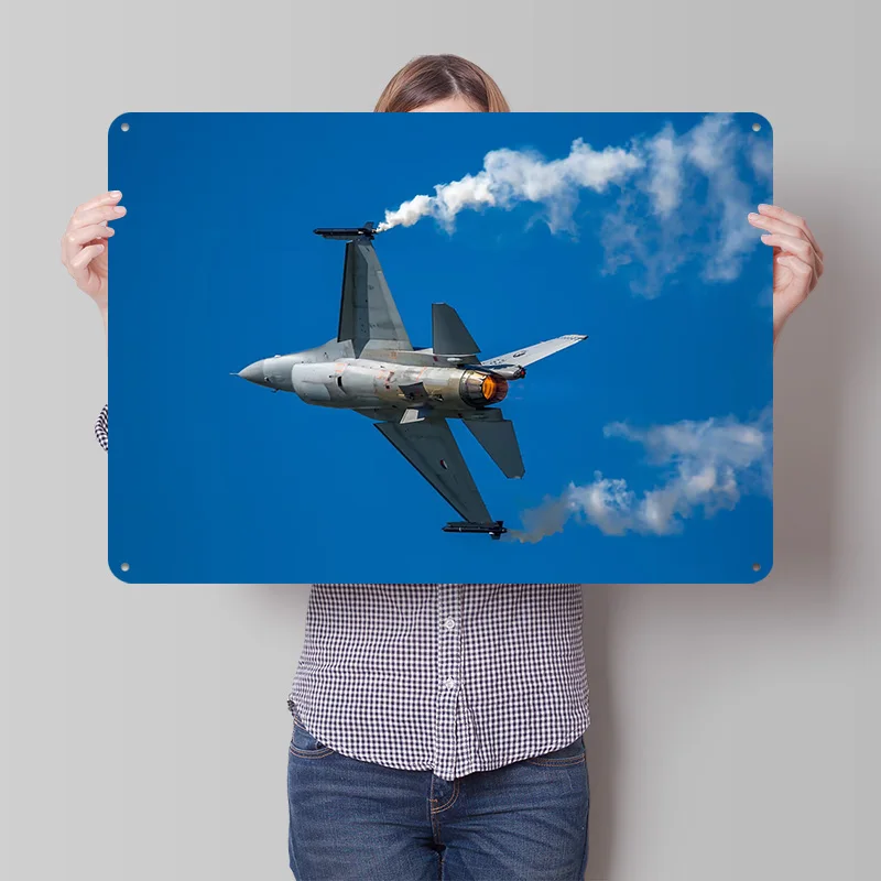 F-16 Falcon Fighter Jet in Flight 3D Texture Printed Poster Custom Vintage Metal Tin Plate Sign for Wall Art Room Decoration