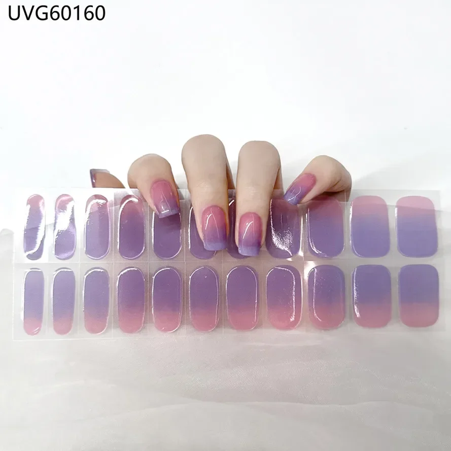 22Tips Solid Color Glitter Manicure Semi-Cured Gel Nail Patch Slider Adhesive Waterproof Full Gel Nail Sticker Harden in UV Lamp