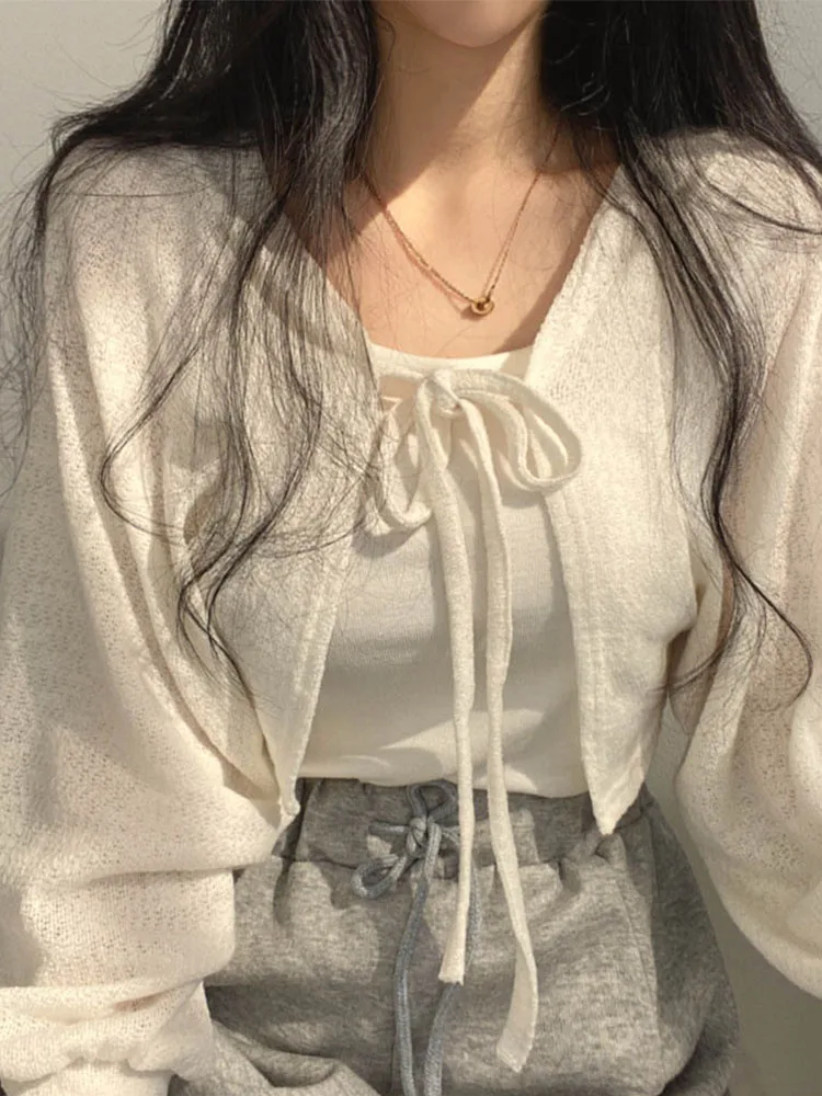 

White Knitted Cardigan Women Summer Thin Sunscreen Lace-Up Knitwear Tops Female Korean Style Lantern Sleeve Short Coat