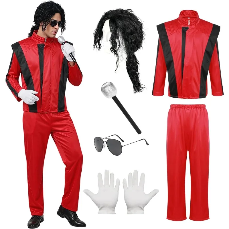 

Adult 80s Dancer Rocker Star Costume,Red Jacket and Trousers with Curly Wig Microphone Glasses and Gloves Halloween Fancy Dress