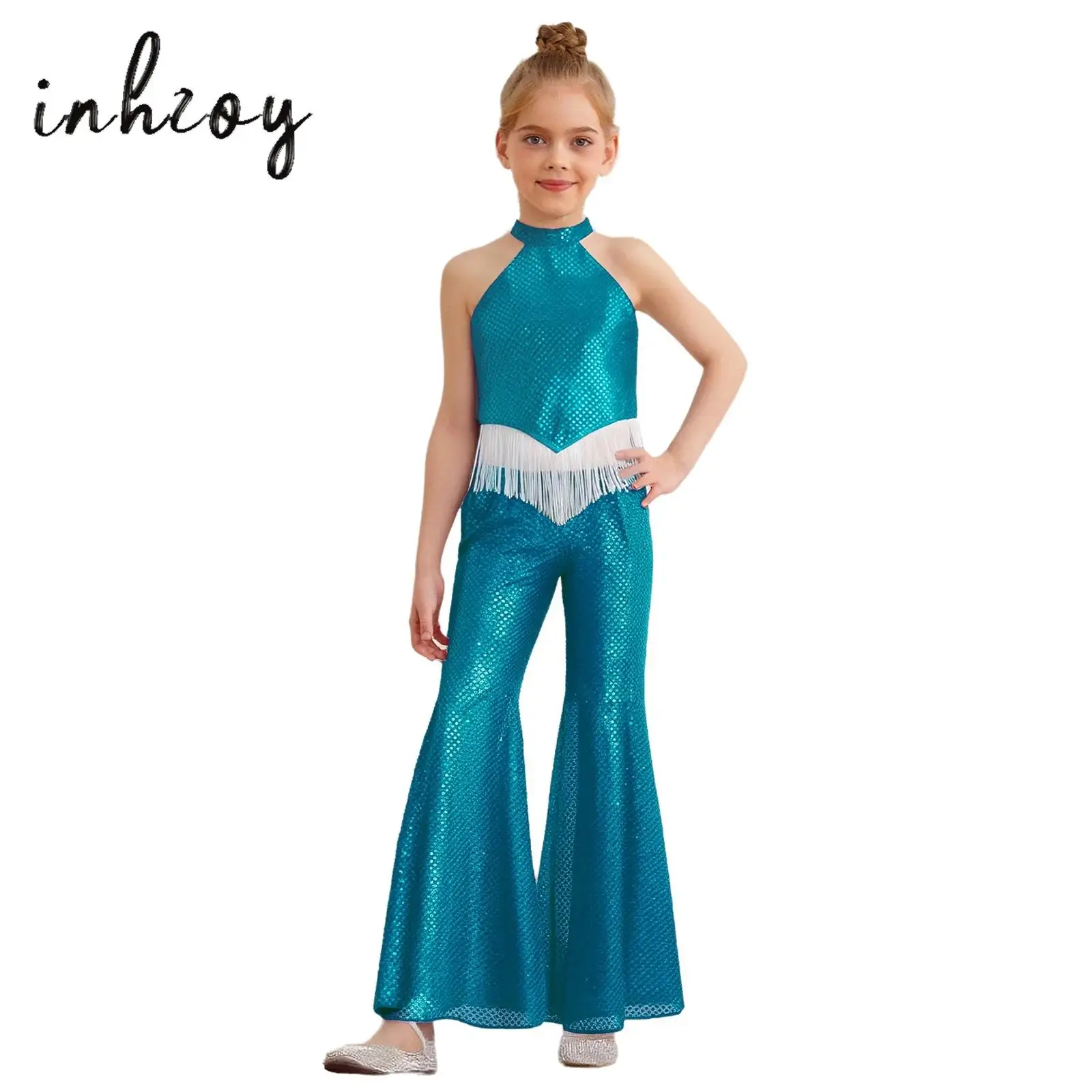 

Танцевальный костюм для девочек: блестящий топ с пайетками и расклешенные брюки-клеш для джаза, латины, современных танцев, Хэллоуина, карнавала, в стиле 70-х и 60-х годов