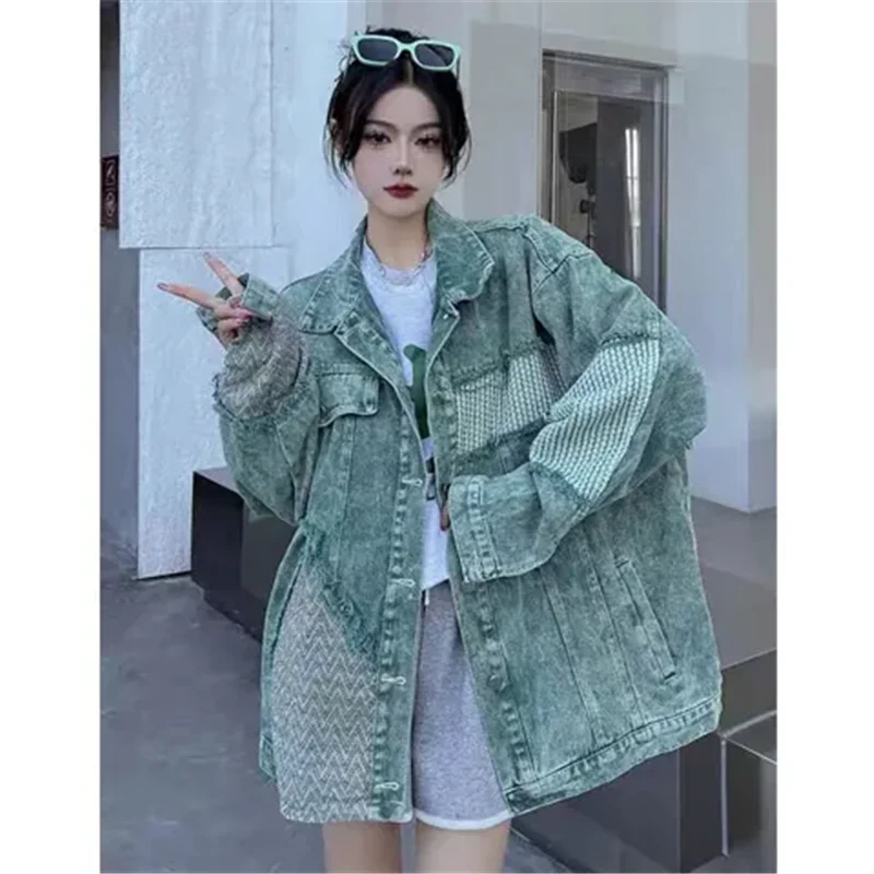 Autumn Winter Denim Jacket 2024 New Fashion Loose Leisure Coat Button Vintage Patchwork Pure Colour Green Outerwear Female