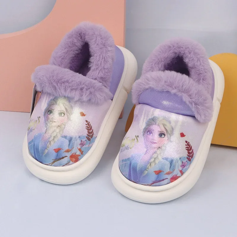 Disney Cartoon Frozen Princess Elsa Children\'s Plush Slippers Soft Non-slip Winter Warm Baby Girls Kids Indoor Home Cotton Shoes