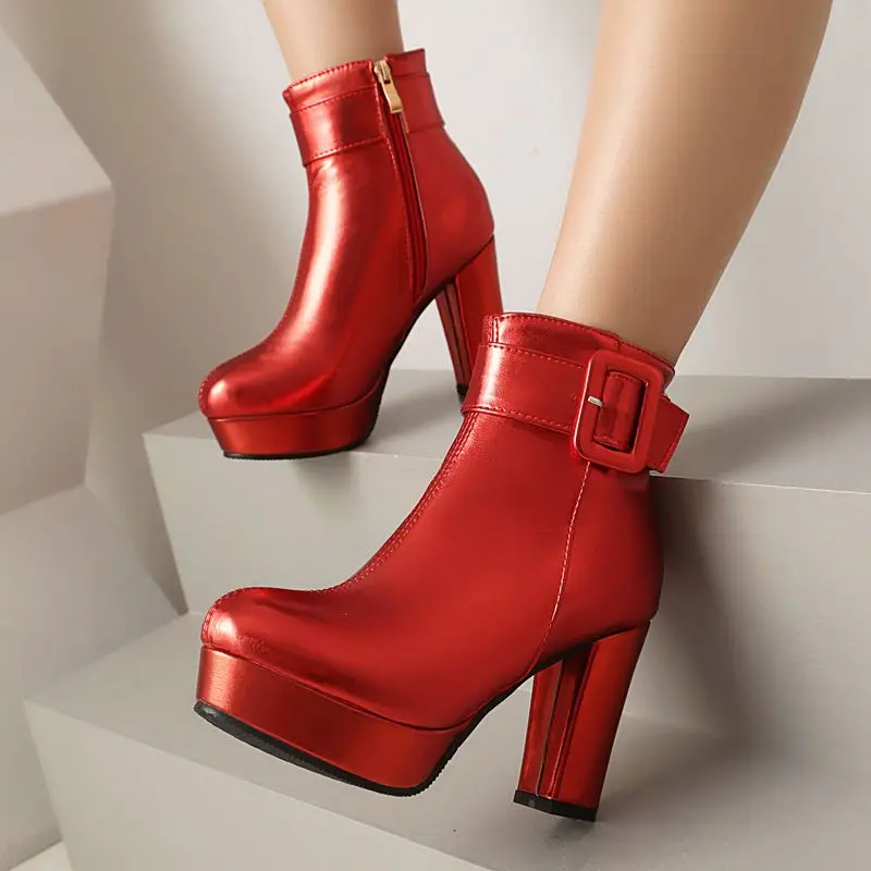 

ORCHA LISA Sexy Women's Ankle Boots Round Toe 9.5cm Chunky Heel 3cm Platform Zipper Belt Buckle Plus Size 48-49 Dating Party