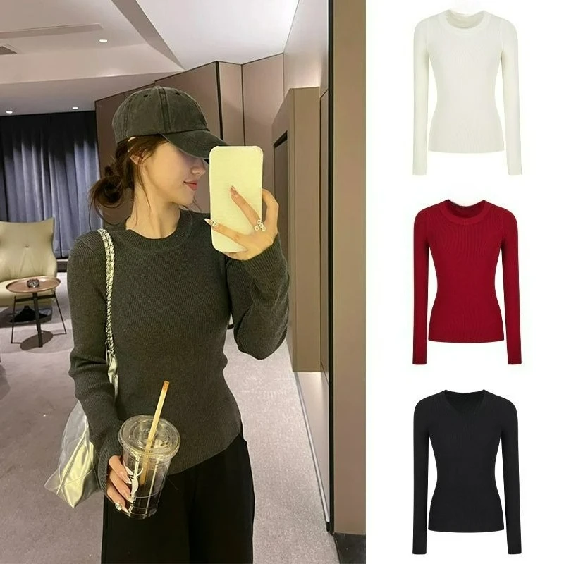 

Knitted Sweater for Women Autumn Winter Slimming Sweate, Slim Fit Top Solid Color Versatile Spicy Girl Basic Base Shirt